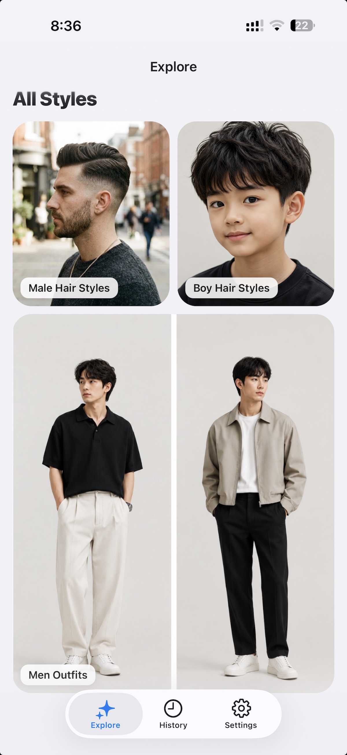 Prum AI app screenshot showing hair and outfit styles